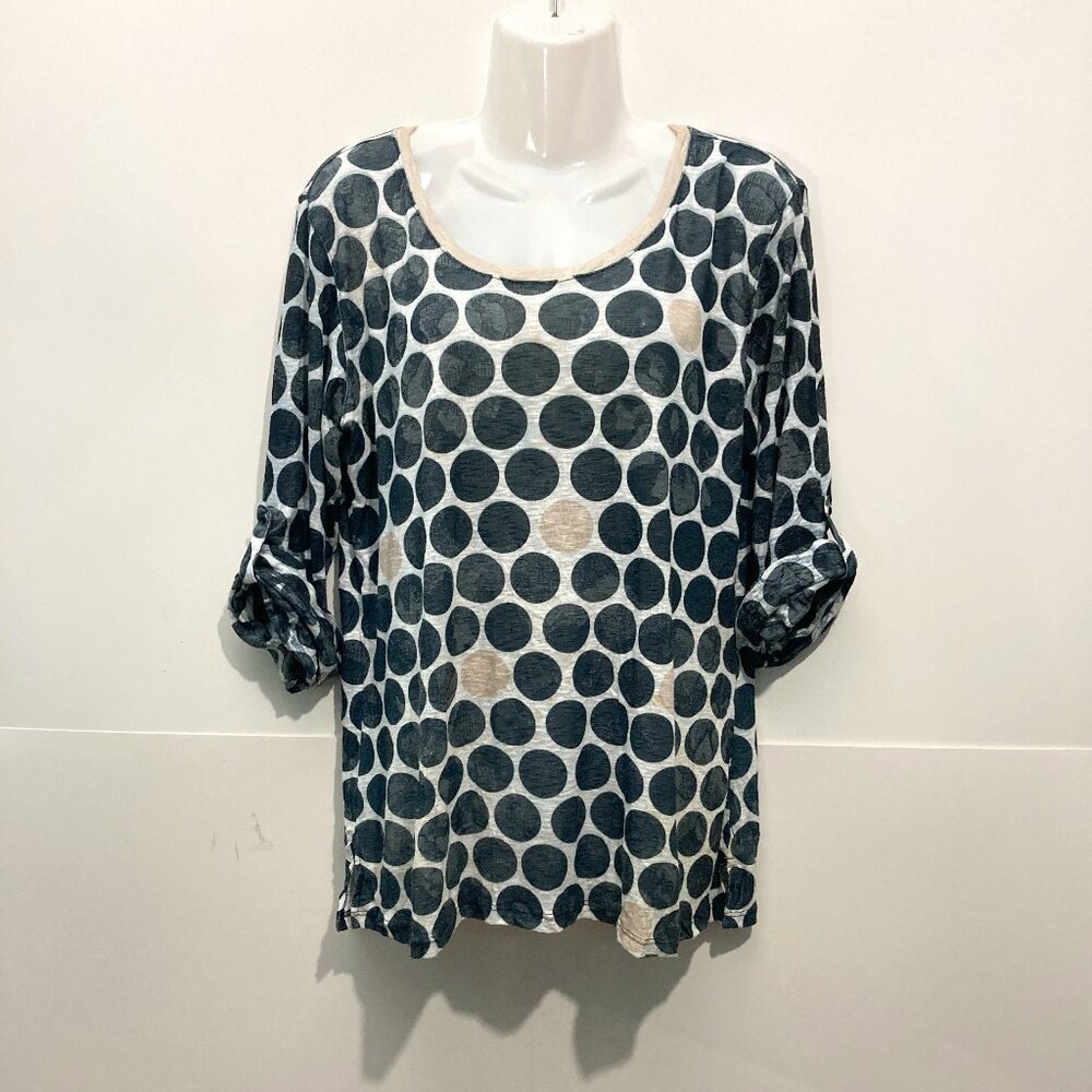 David Cline knit top Carbon roll tab Sleeves polka dot black beige USA XL